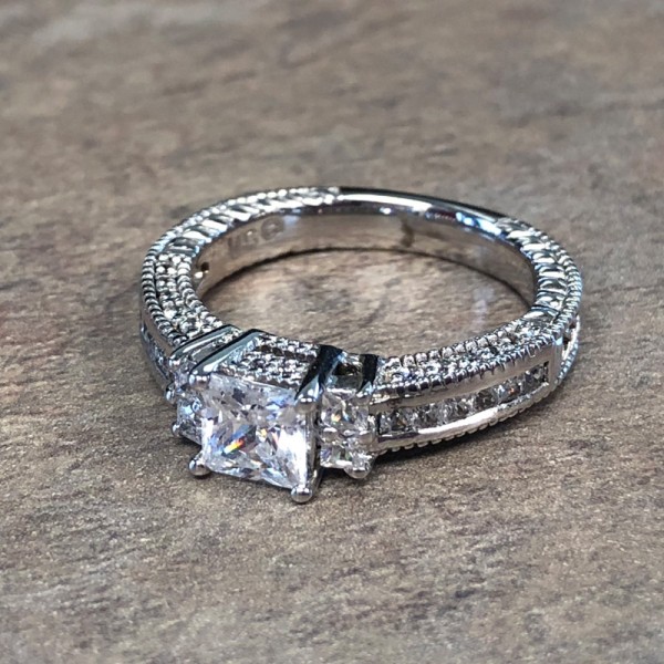 14K White Gold Princess Cut Diamond Encrusted Engagement Ring