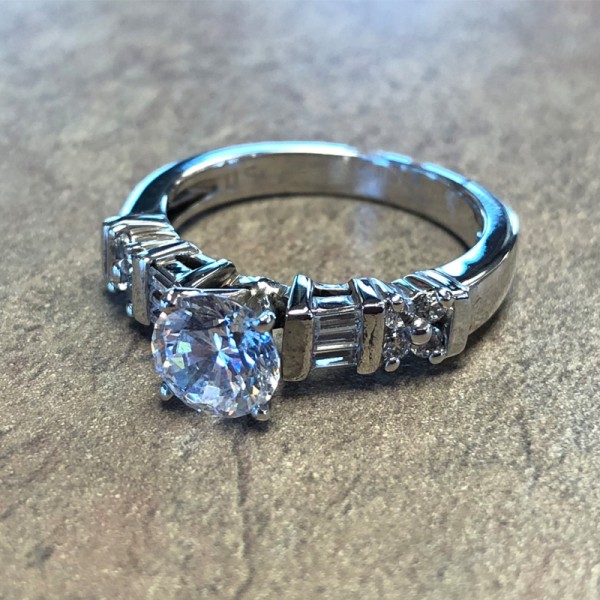 14K White Gold Baguette and Round Diamond Engagement Ring