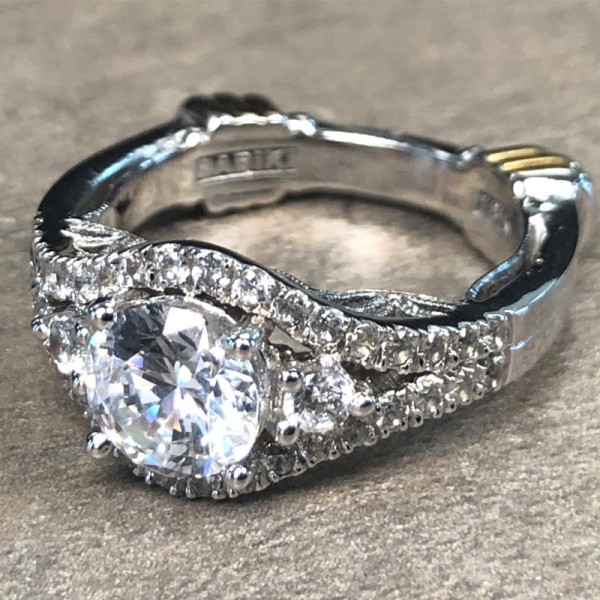 14K White Gold 3 Stone Halo Engagement Ring