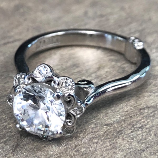 14K White Gold Floral Halo Engagement Ring