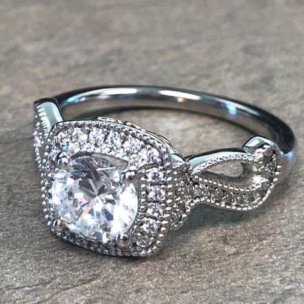 14K White Gold Cushion Halo Engagement Ring
