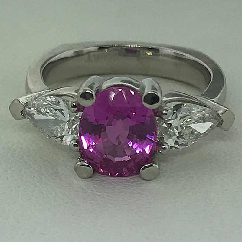 Custom Pink Sapphire RIng with Pear shape Diamonds