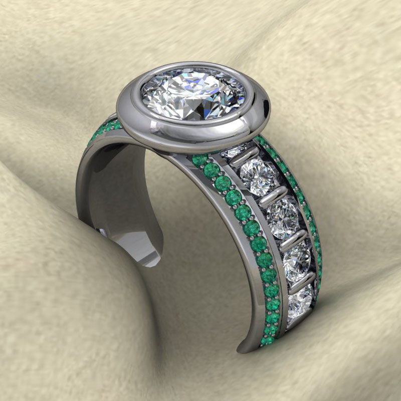 Custom Bezel Ring with Emeralds and Diamonds