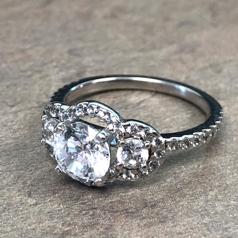 14K White Gold 3 Stone Halo Engagement Ring - 39912281